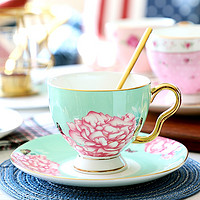 品来运 欧式轻奢陶瓷茶杯高档骨瓷咖啡杯碟套装英式红茶杯鎏金下午茶具 国色天香 杯碟+勺