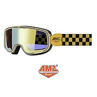 AMZ摩托车复古风镜3/4头盔男女通用护目镜机车骑行眼镜全盔防护镜 黄格子彩色（彩色+透明镜片）