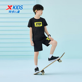 特步（XTEP）儿童童装夏季新疆棉透气舒适运动短袖针织套装 纯正黑 160cm