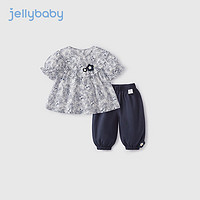 JELLYBABY 森系女童套装夏2024纯棉两件套中小童洋气夏装女宝宝夏季衣服 宝蓝 130CM