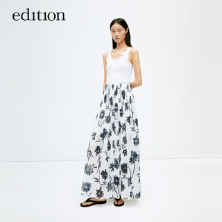 edition半身裙女2024夏季新款浪漫度假风花卉印花长款气质半裙 白底黑花