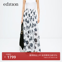 edition半身裙女2024夏季新款浪漫度假风花卉印花长款气质半裙 白底黑花