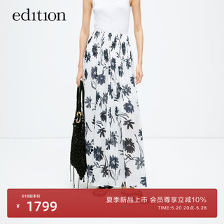 edition半身裙女2024夏季新款浪漫度假风花卉印花长款气质半裙 白底黑花