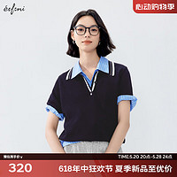 伊芙丽（eifini）伊芙丽2024夏装莫代尔棉学院风POLO领修身显瘦短袖针织衫 藏青 160/85CM/M