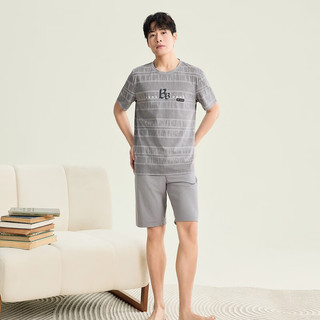 芬腾睡衣男士【100%纯棉】2024年夏季圆领短袖英头宽松短裤家居服套装 浅灰2 XL