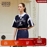 Teenie Weenie小熊2024年美式复古运动风撞色Polo衫短袖T恤女 藏青色 160/S