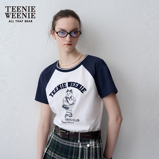Teenie Weenie小熊女装2024学院风牙刷绣撞色插肩袖圆领T恤衫 白色 165/M
