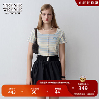 Teenie Weenie小熊2024年夏季条纹短袖T恤弹力少女感上衣短款 撞色 165/M