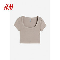 H&M HM女装T恤2024夏季新款简约内搭短袖低圆领罗纹修身短上衣1212806
