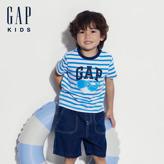 Gap男幼童2024夏季纯棉印花撞色条纹短袖T恤儿童装上衣465390 蓝白条纹 100cm(2-3岁) 亚洲尺码