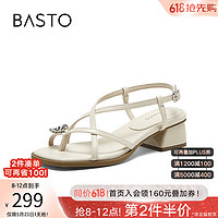 BASTO 百思图 24夏季时尚复古条带罗马粗跟女凉鞋M1033BL4 米色 39