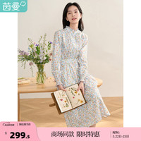 茵曼女田园复古半高领中高腰连衣裙 白紫色 L