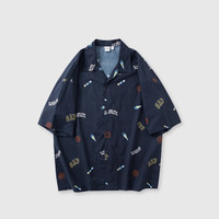 Gap 盖璞 男装2024夏季府绸航海元素印花短袖衬衫宽松上衣 461251 海军蓝 XXL