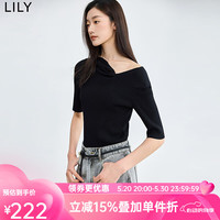 丽丽 LILY2024夏季气质方领简约别致线条设计感短袖针织衫女小上衣 510黑色 S