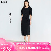 丽丽 LILY2024夏季新品法式浪漫蕾丝拼接泡泡袖腰部抽褶收腰显瘦连衣裙 510黑色 M