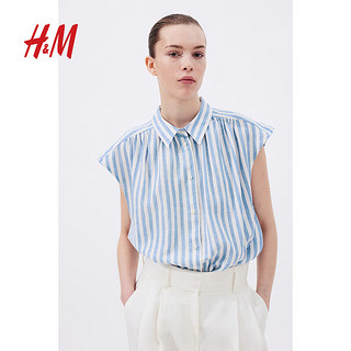 H&M女装衬衫2024夏季休闲风无袖翻领透气亚麻廓形衬衣1218506 浅卡其绿 165/96 M