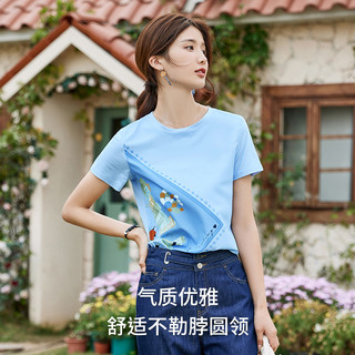 艾路丝婷趣味印花T恤女短袖2024夏季正肩圆领清新浅蓝色上衣