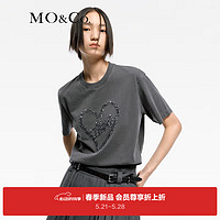 MO&Co.2024春爱心珠片绣套色脏染棉质短袖圆领T恤MBD1TEE026 钢灰色 S/160