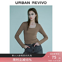 URBAN REVIVO UR2024春季女装时髦百搭U领褶皱修身显瘦长袖T恤UWJ440011 石色 S