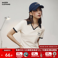 马登 MADEN女装 复古V领Polo衫正肩显瘦高腰修身短袖T恤小众设计半袖上衣女 米白色