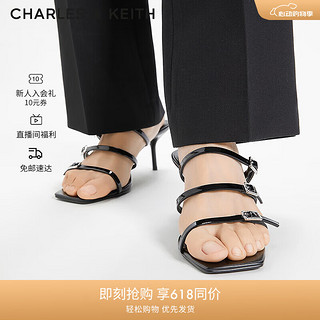 CHARLES&KEITH24夏季法式方头一字带高跟凉拖女CK1-60920373 Black Patent黑色 40