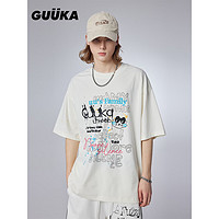 古由卡（GUUKA）潮牌猫系列可爱短袖T恤男夏 休闲简约纯棉上衣宽松百搭 奶油白F4631 XL