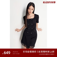 欧时力法式方领连衣裙21夏装小黑裙拼接通勤 黑色 XS