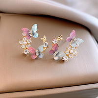 Trendolla 銀針小清新鑲鉆珍珠蝴蝶耳釘小眾時尚耳環文藝輕奢感耳飾 粉色的夢 銀針-金色