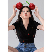 WESTLINK 西遇 韩式T恤短袖女夏季樱桃V领经典百搭V领短款小个子T恤