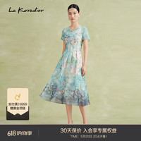 拉珂蒂（La Koradior）[商场同款]2024年春钉珠法式印花桑蚕丝连衣裙 浅孔雀蓝