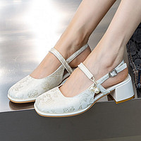 瓦米诺法式玛丽珍女鞋2024夏季新款中粗跟网红一字带仙女风包头凉鞋 米白色 35