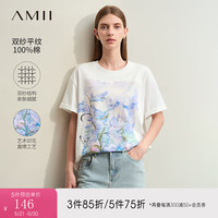 AMII2024夏新款极简落肩短袖全棉中长艺术油画印花微弹T恤女款