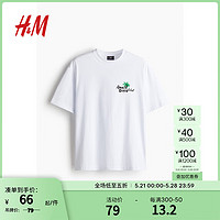 H&M男装T恤春季休闲柔软舒适字母图案印花圆领短袖上衣0967955 白色/Amalfi 170/92
