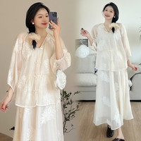 乌拓新中式春大码套装2024款国风半身裙小个子夏季夏孕早期穿搭秋 米白色套装 M