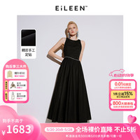 朗姿【意大利设计】纯棉高级感气质无袖礼服裙2024夏季新款连衣裙 黑色