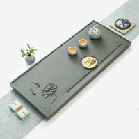 金镶玉 绿松石茶盘茶托手工精雕家用排水式石头茶台单层功夫茶具 鱼戏荷间乌金石茶盘