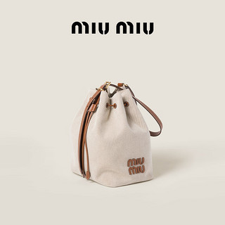 MIU MIU缪缪女士帆布与牛皮革中号水桶包单肩包 自然色 / 白兰地色