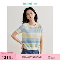茵曼（INMAN）【商场同款】条纹段染针织衫2024夏季女装新款短袖薄款上衣 彩蓝色