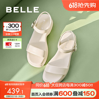 BeLLE 百丽 简约一字带凉鞋女24夏季真皮粗跟休闲凉鞋A9D1DBL4 米白 38