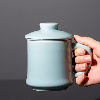 容山堂 龙泉青瓷陶瓷茶水分离杯办公杯带盖马克杯绿茶杯泡茶分离杯 龙泉青瓷泡茶杯-竹形内胆粉青