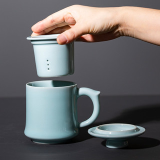 容山堂 龙泉青瓷陶瓷茶水分离杯办公杯带盖马克杯绿茶杯泡茶分离杯 龙泉青瓷泡茶杯-竹形内胆粉青