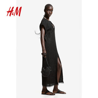 H&M2024夏季女装仿椰棕卡夫坦连衣裙1237884 黑色 170/104
