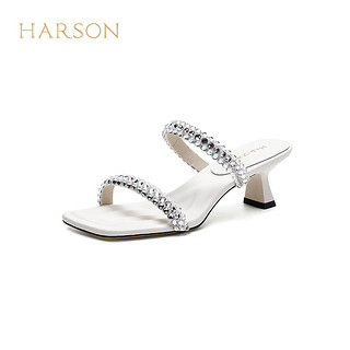 哈森2024夏外穿水钻高跟时装拖鞋女百搭方头一字带凉拖鞋HWM240180 米白色 35