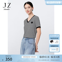 玖姿·安娜蔻休闲简约风条纹撞色钉珠爱心宽松T恤女2024夏季 黑白条纹 2XL