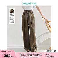 茵曼（INMAN）莱赛尔亚麻直筒裤2024夏季女装系带松紧腰褶皱宽松长裤 咖啡色 XL