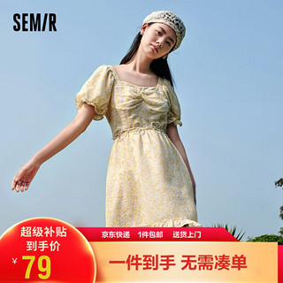 Semir 森马 连衣裙女文艺复古方领季清新温柔肌理碎花长裙109323114003 黄色调00333 XS