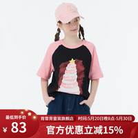 Kappa Kids卡帕女童短袖T恤夏季2024洋气宽松插肩袖夏装甜酷风儿童上衣 薄款 黑色 150