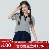 Kappa Kids卡帕泡泡袖女童POLO衫夏装2024童装上衣休闲透气短袖儿童T恤 常规 花灰色 130