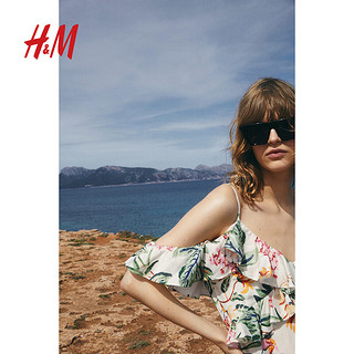 H&M2024夏季女装荷叶边露肩连衣裙1239364 奶油色/花卉 160/88