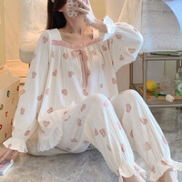 南极人睡衣女纯色棉质春秋夏天女士家居服睡裤长袖蕾丝甜美套装L
